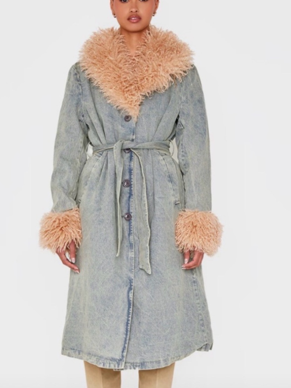 PrettyLittleThing Beige Faux Fur Trim Denim Coat